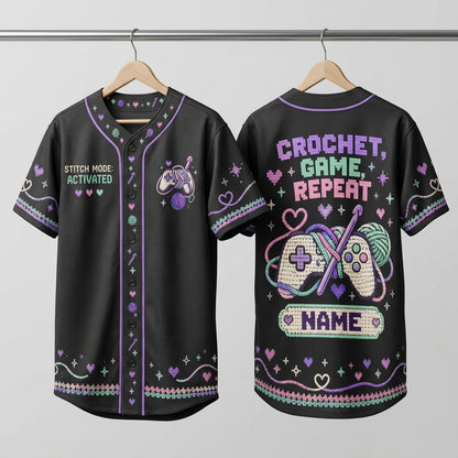 Personalized Crochet Gamer Baseball Jersey - Stitch Mode Activated Gaming Gift - mockup 3