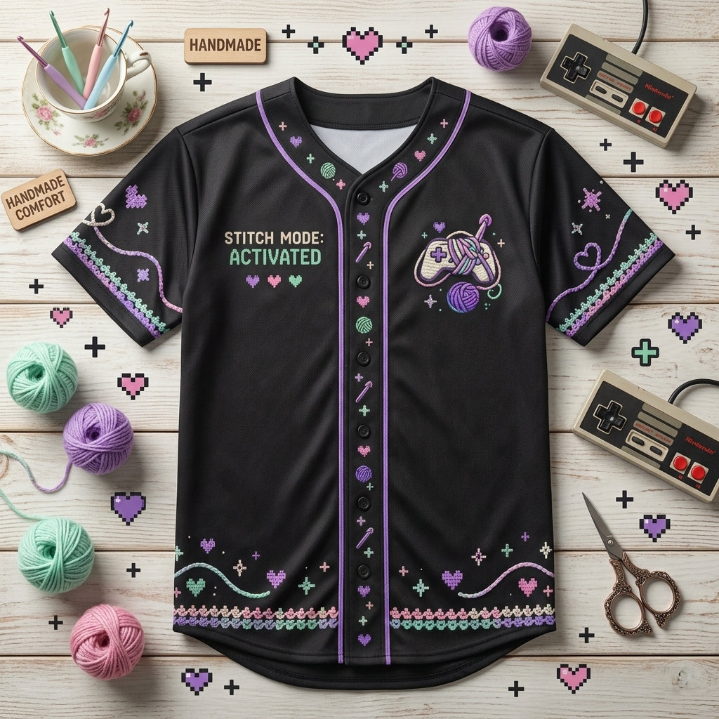 Personalized Crochet Gamer Baseball Jersey - Stitch Mode Activated Gaming Gift - mockup 4