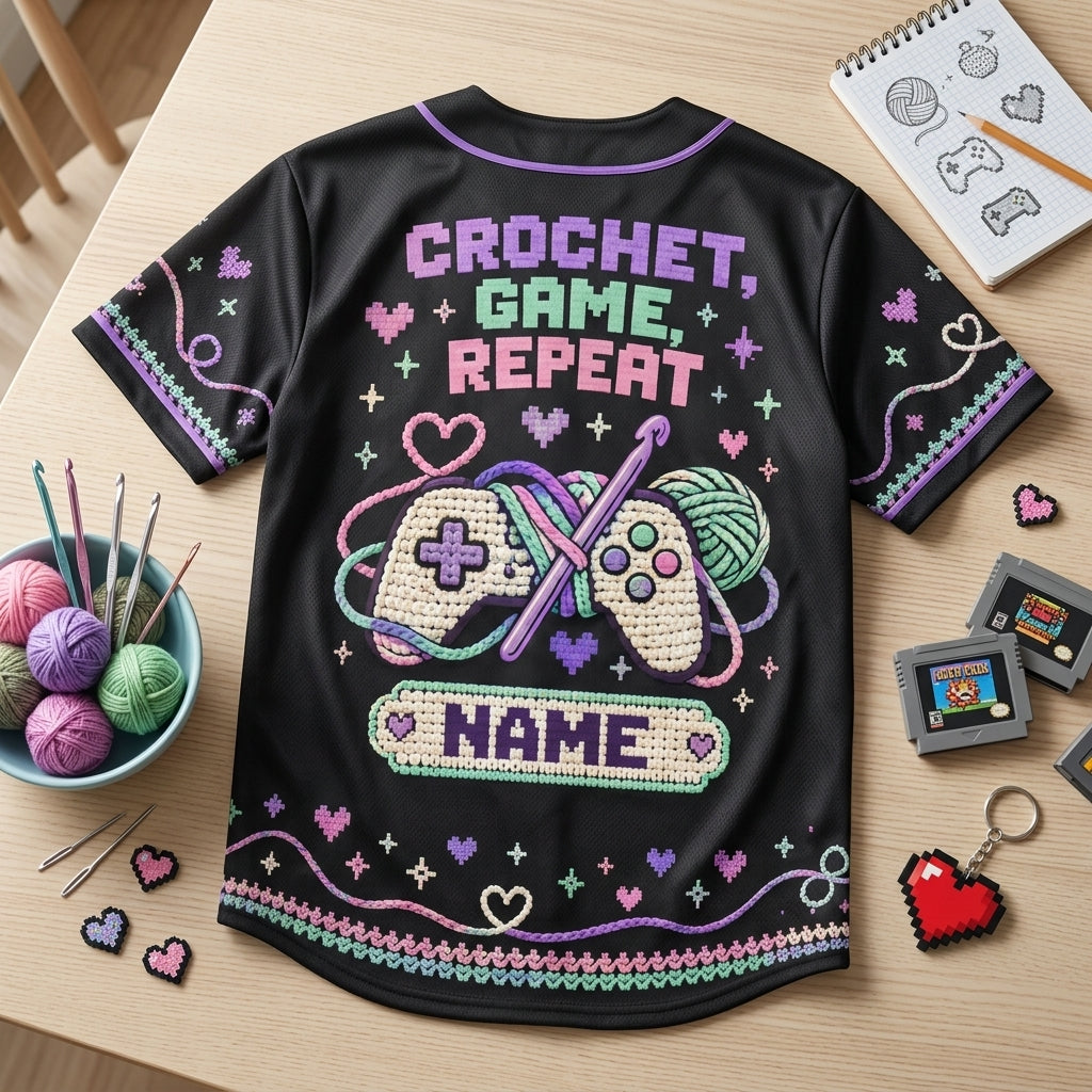 Personalized Crochet Gamer Baseball Jersey - Stitch Mode Activated Gaming Gift - mockup 5