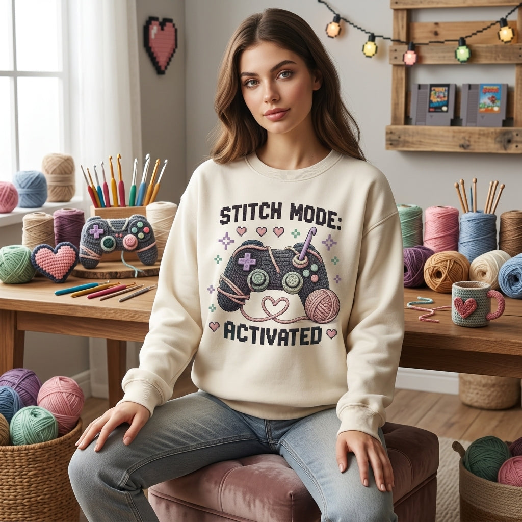 Stitch Mode Activated Gamer T-shirt Sweatshirt Hoodie – Introvert Crocheter Gift - mockup 2