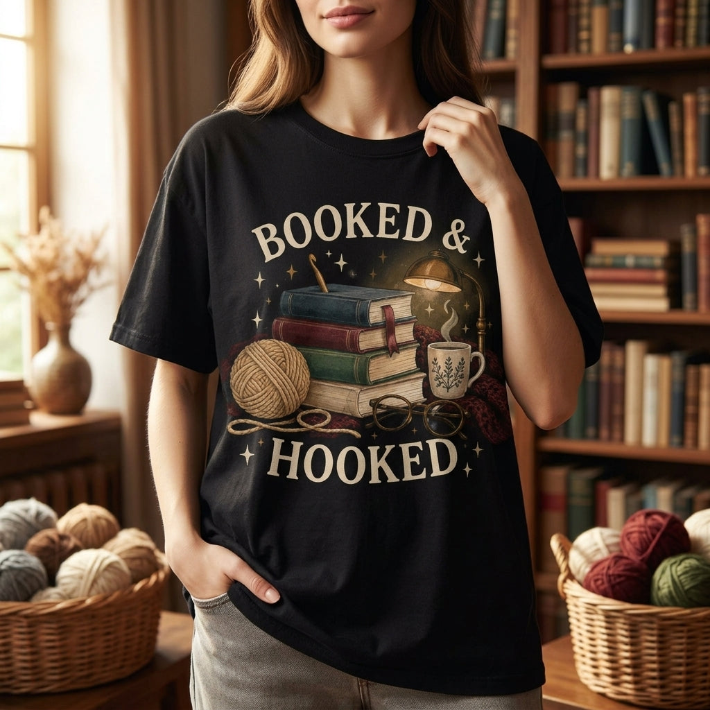 Booked & Hooked Reading and Crochet T-shirt Sweatshirt Hoodie – Gift for Mindful Crocheter - mockup 1