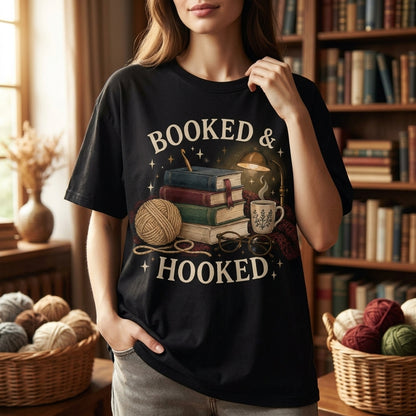Booked & Hooked Reading and Crochet T-shirt Sweatshirt Hoodie – Gift for Mindful Crocheter - mockup 1