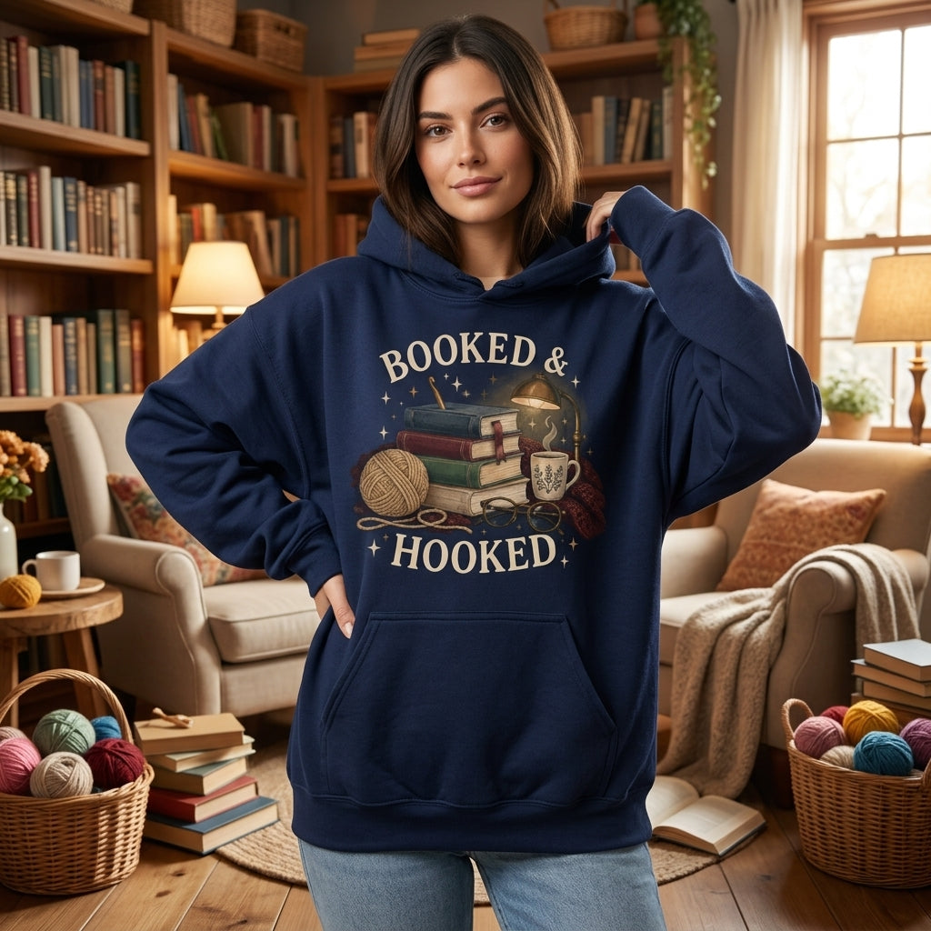 Booked & Hooked Reading and Crochet T-shirt Sweatshirt Hoodie – Gift for Mindful Crocheter - mockup 3