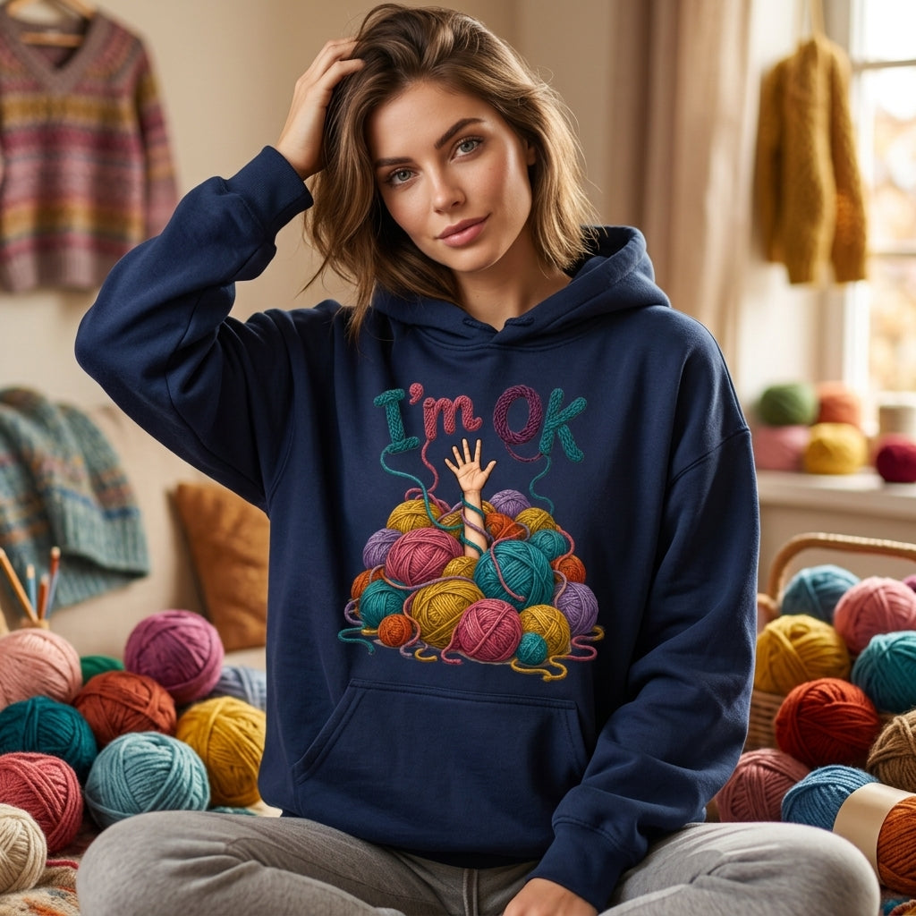 Funny Crochet I'm OK Yarn Pile T-shirt Sweatshirt Hoodie – Gift for Yarn Lovers - mockup 3