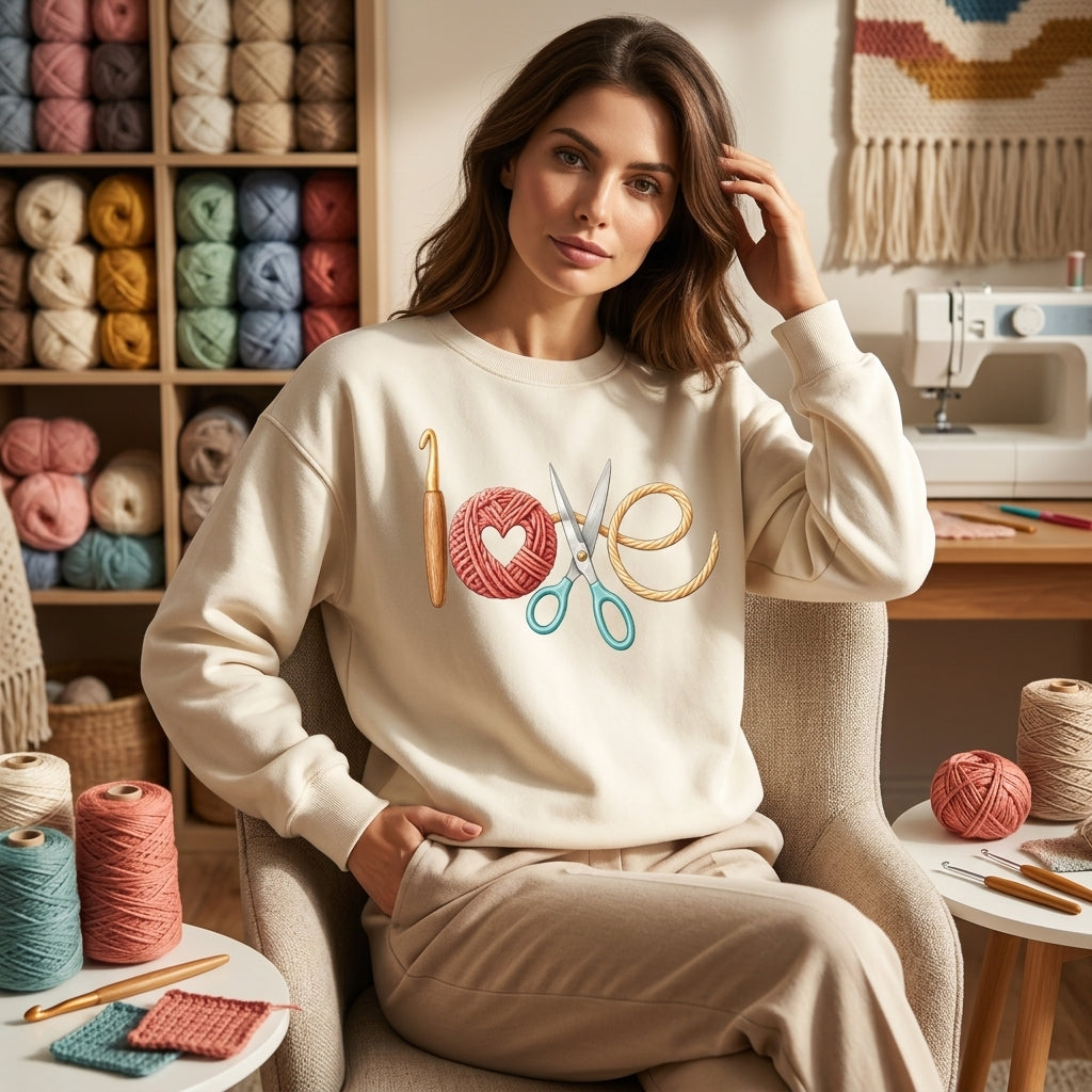 Crochet Love Yarn and Scissors T-shirt Sweatshirt Hoodie – Creative Gift for Knitting Lover - mockup 2