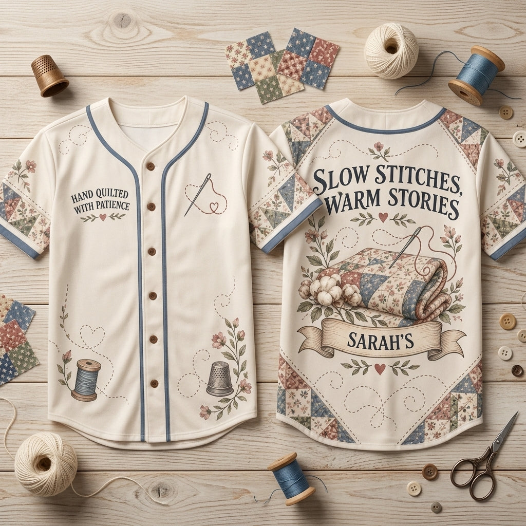 Custom Hand Quilting Slow Stitches & Warm Stories Baseball Jersey for Quilters - mockup 1