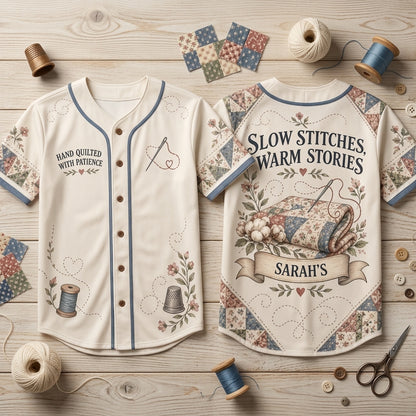 Custom Hand Quilting Slow Stitches & Warm Stories Baseball Jersey for Quilters - mockup 1