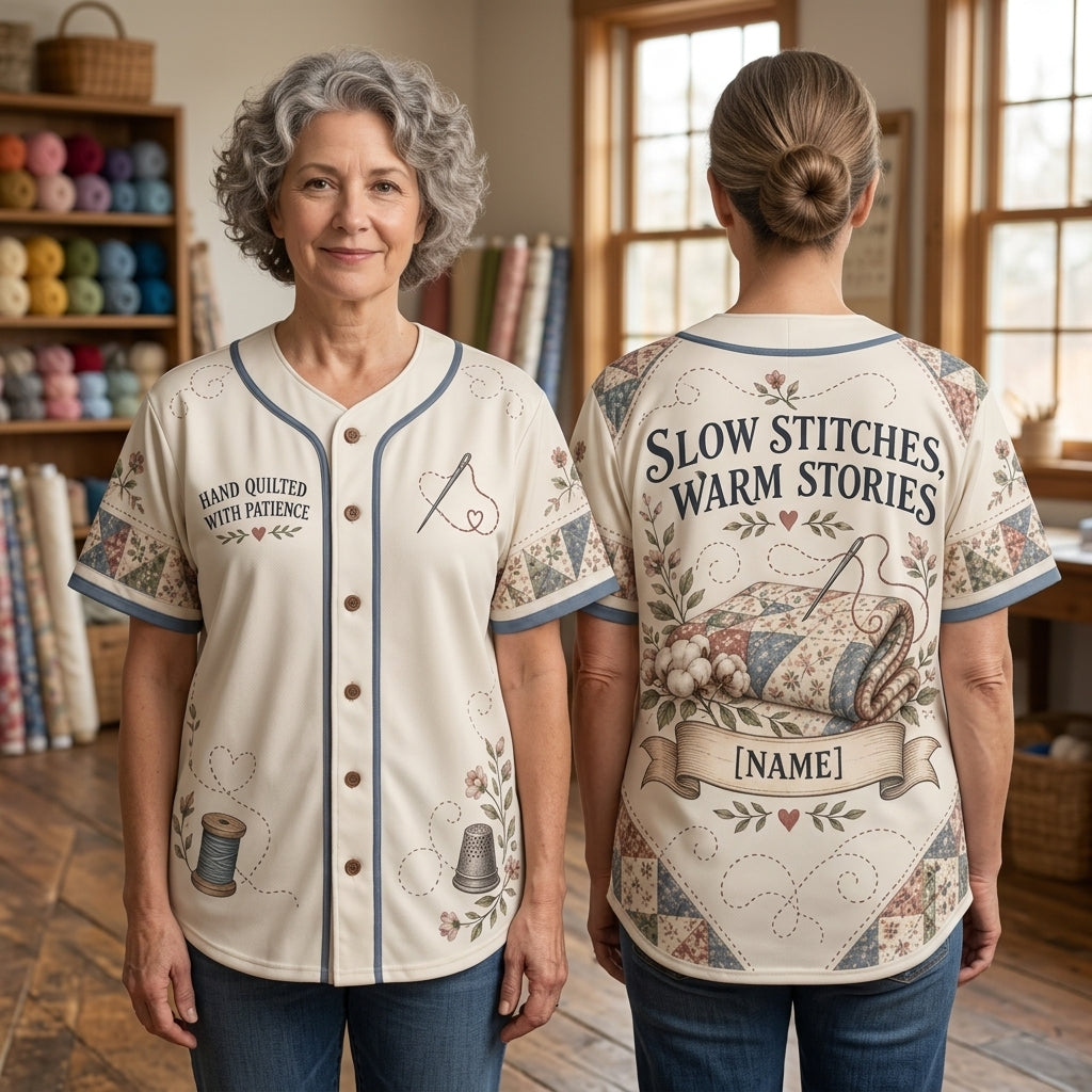 Custom Hand Quilting Slow Stitches & Warm Stories Baseball Jersey for Quilters - mockup 2