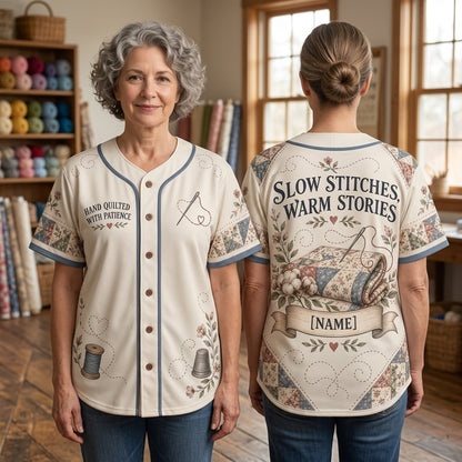 Custom Hand Quilting Slow Stitches & Warm Stories Baseball Jersey for Quilters - mockup 2