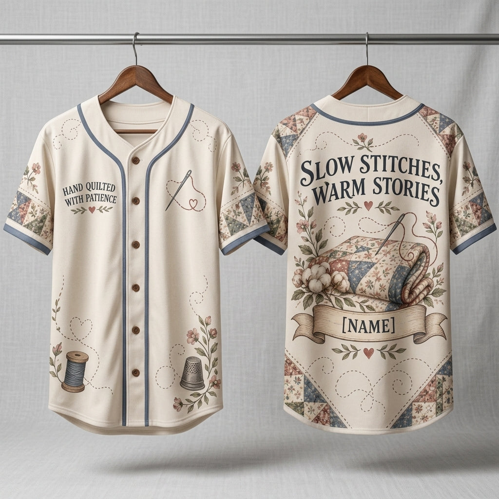 Custom Hand Quilting Slow Stitches & Warm Stories Baseball Jersey for Quilters - mockup 3