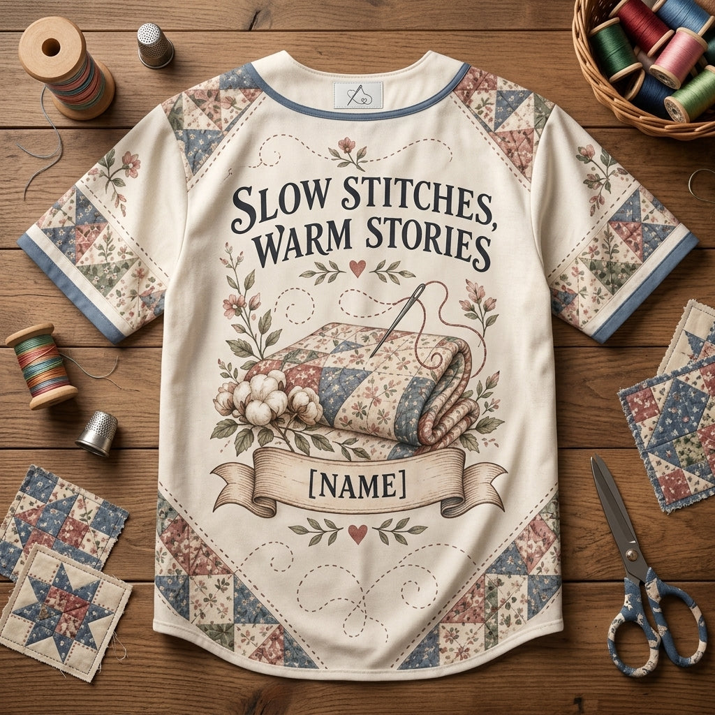Custom Hand Quilting Slow Stitches & Warm Stories Baseball Jersey for Quilters - mockup 5