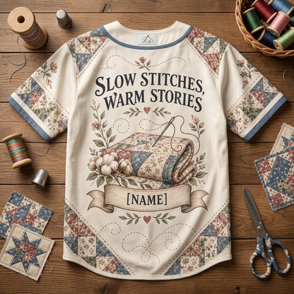 Custom Hand Quilting Slow Stitches & Warm Stories Baseball Jersey for Quilters - mockup 5