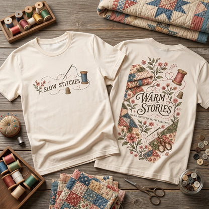 Hand Quilting Warm Stories T-shirt Sweatshirt Hoodie – Vintage Sewing Gift for Quilters - mockup 2
