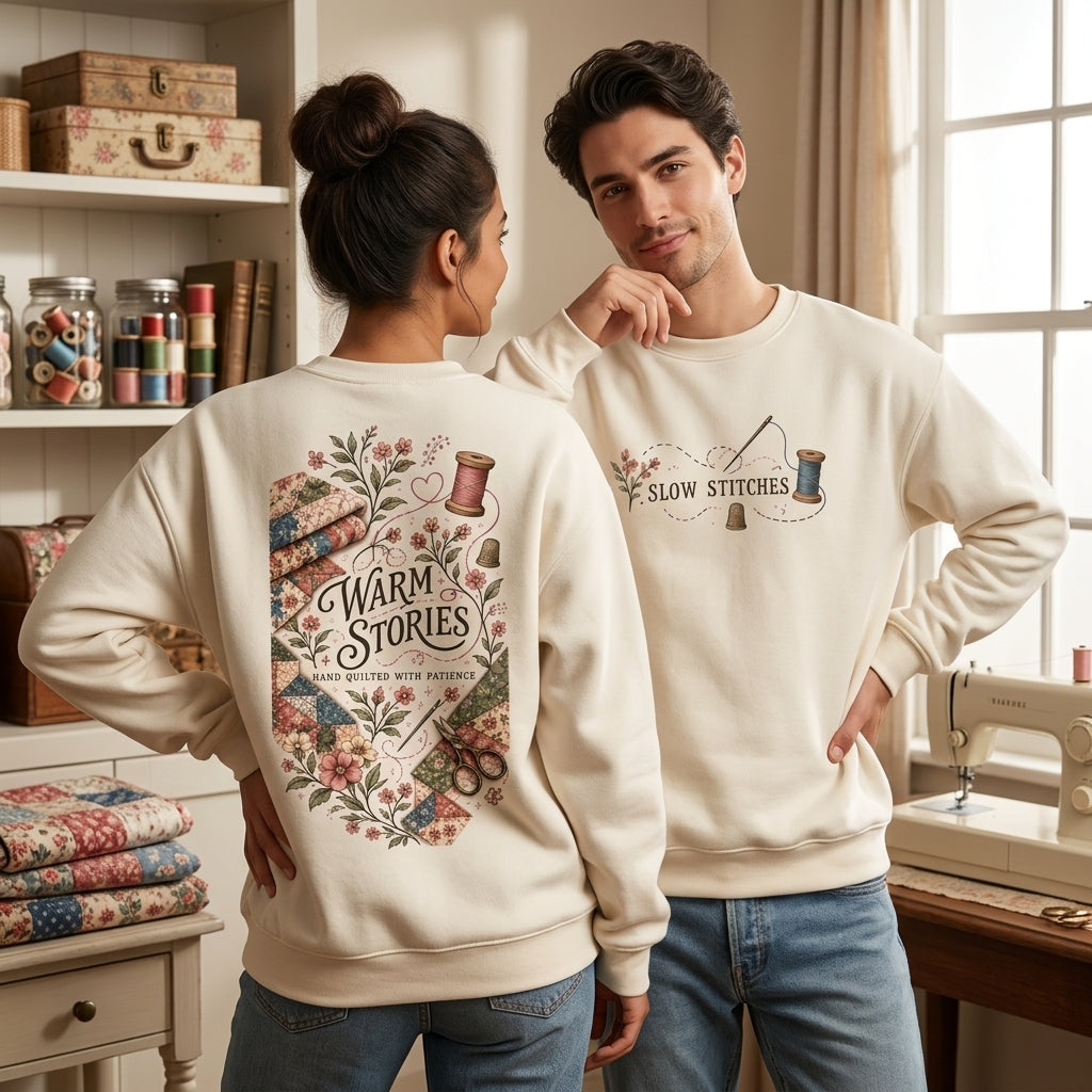 Hand Quilting Warm Stories T-shirt Sweatshirt Hoodie – Vintage Sewing Gift for Quilters - mockup 3