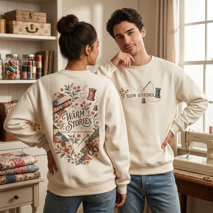 Hand Quilting Warm Stories T-shirt Sweatshirt Hoodie – Vintage Sewing Gift for Quilters - mockup 3