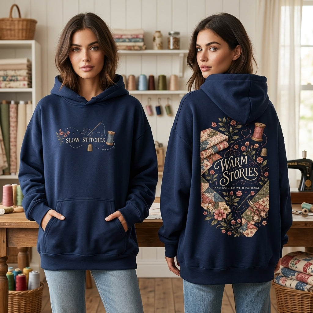 Hand Quilting Warm Stories T-shirt Sweatshirt Hoodie – Vintage Sewing Gift for Quilters - mockup 4
