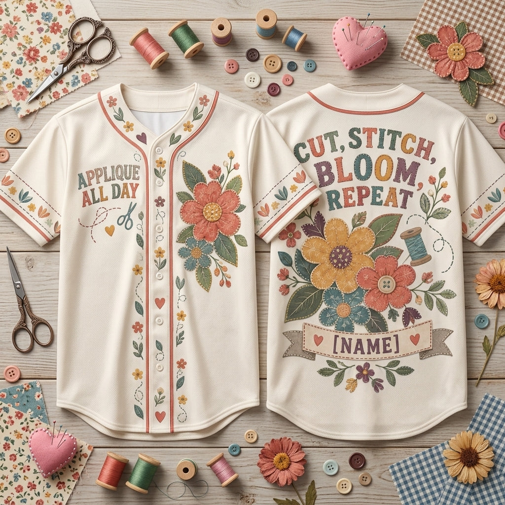Personalized Applique Quilter Baseball Jersey – Custom Cut Stitch Bloom Repeat Sewing Gift - mockup 1