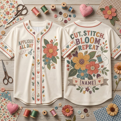 Personalized Applique Quilter Baseball Jersey – Custom Cut Stitch Bloom Repeat Sewing Gift - mockup 1