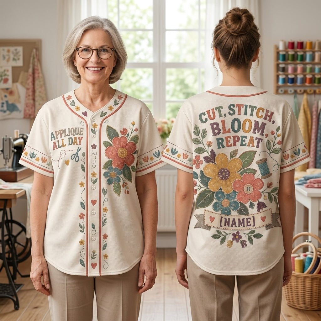 Personalized Applique Quilter Baseball Jersey – Custom Cut Stitch Bloom Repeat Sewing Gift - mockup 2