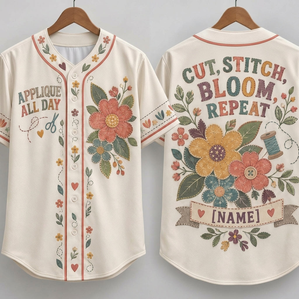 Personalized Applique Quilter Baseball Jersey – Custom Cut Stitch Bloom Repeat Sewing Gift - mockup 3