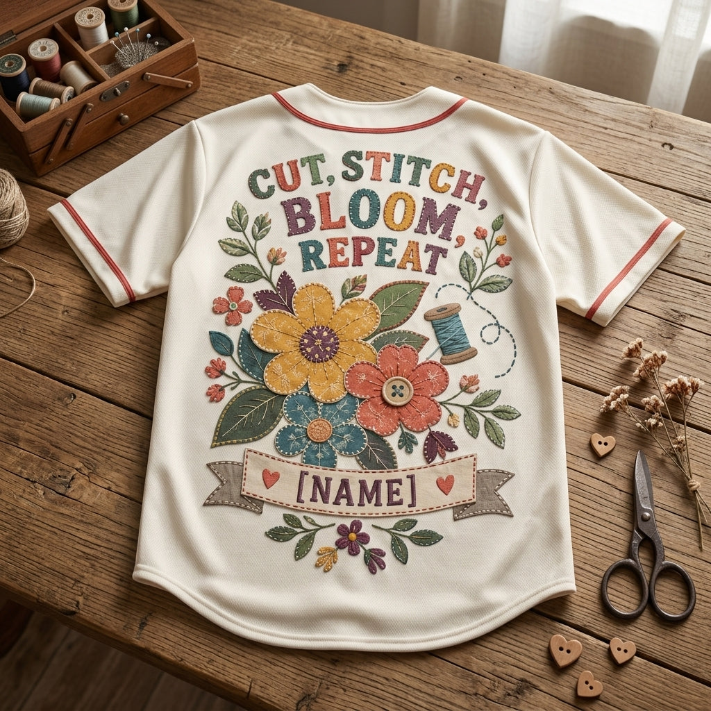 Personalized Applique Quilter Baseball Jersey – Custom Cut Stitch Bloom Repeat Sewing Gift - mockup 5