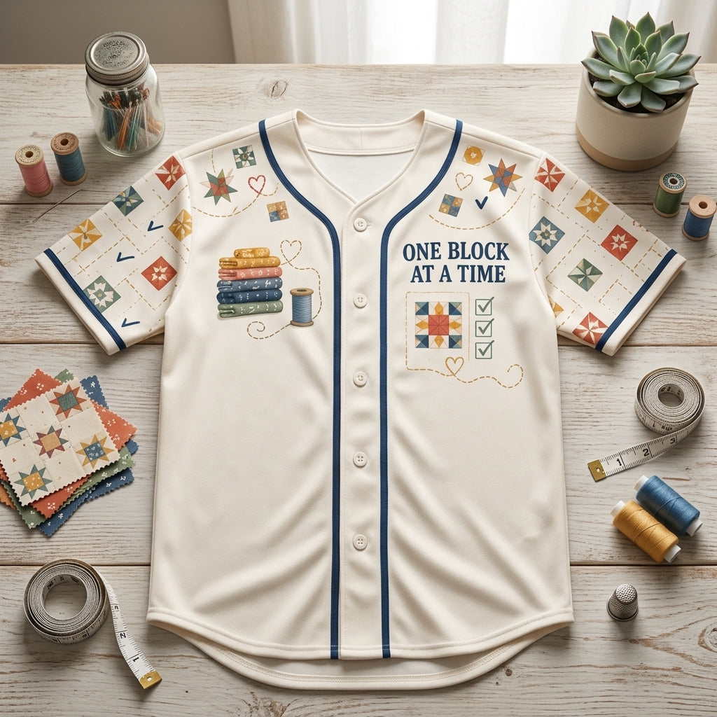 Personalized Block of the Month Quilt Baseball Jersey - Custom Name Quilting Gift - mockup 4
