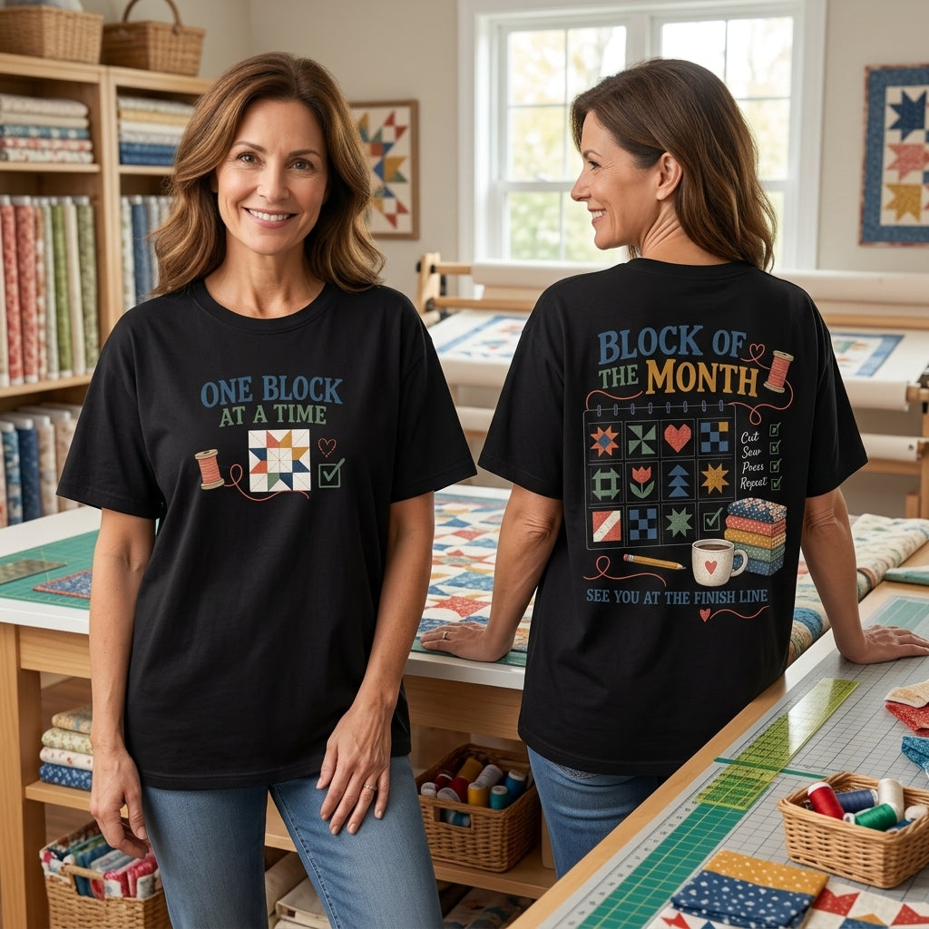 Block of the Month Quilt T-shirt Sweatshirt Hoodie – One Block At A Time Sewing Gift - mockup 1