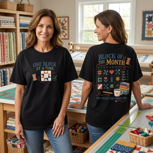 Block of the Month Quilt T-shirt Sweatshirt Hoodie – One Block At A Time Sewing Gift - mockup 1