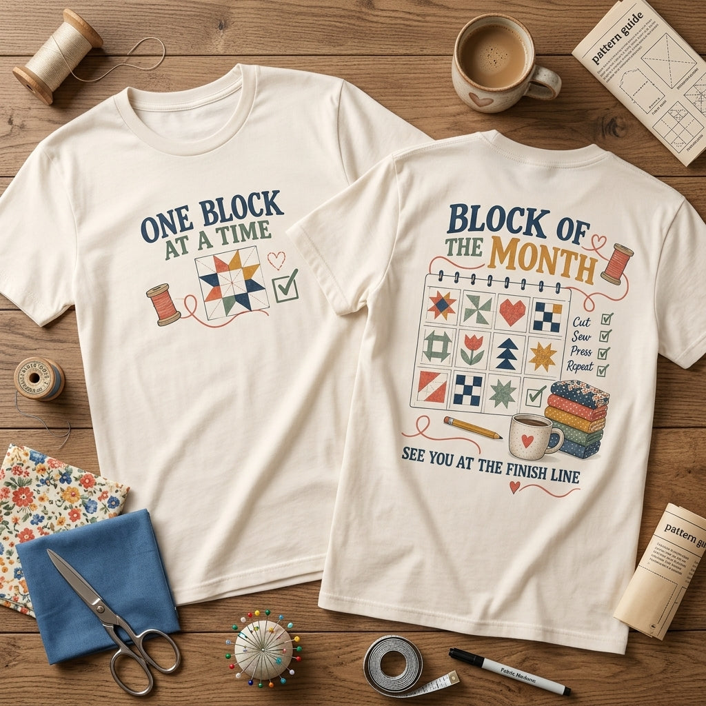 Block of the Month Quilt T-shirt Sweatshirt Hoodie – One Block At A Time Sewing Gift - mockup 2