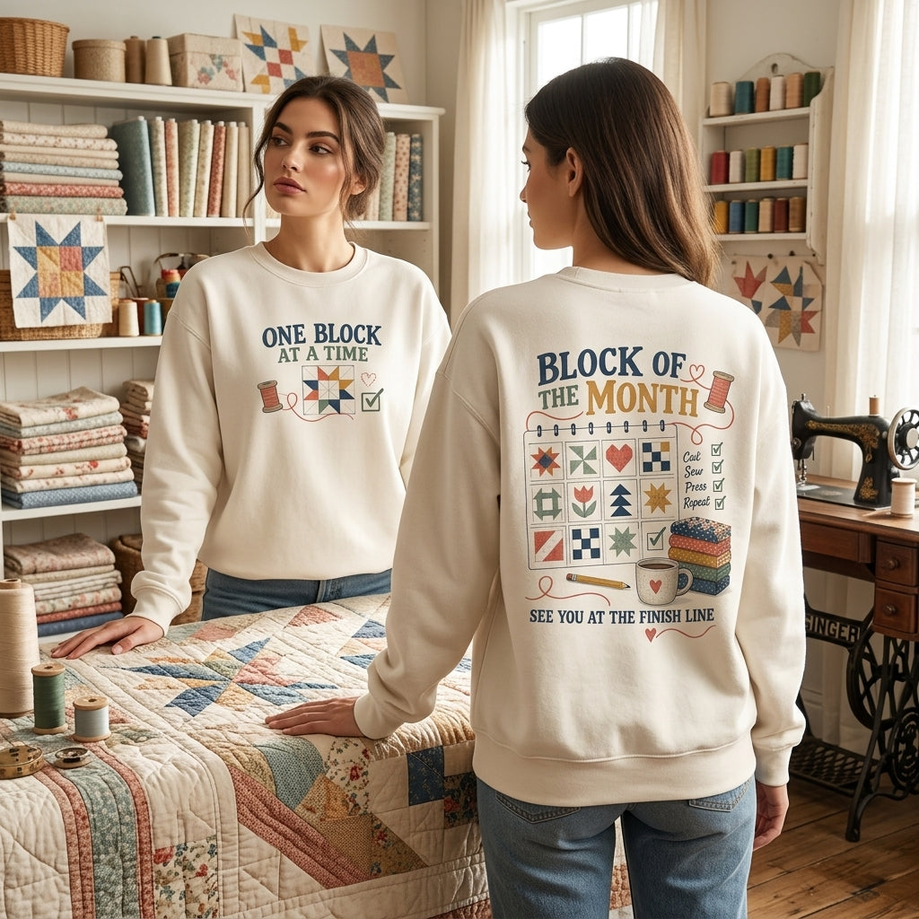 Block of the Month Quilt T-shirt Sweatshirt Hoodie – One Block At A Time Sewing Gift - mockup 3