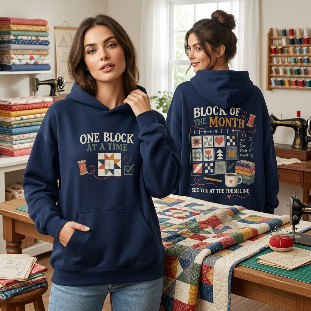 Block of the Month Quilt T-shirt Sweatshirt Hoodie – One Block At A Time Sewing Gift - mockup 4
