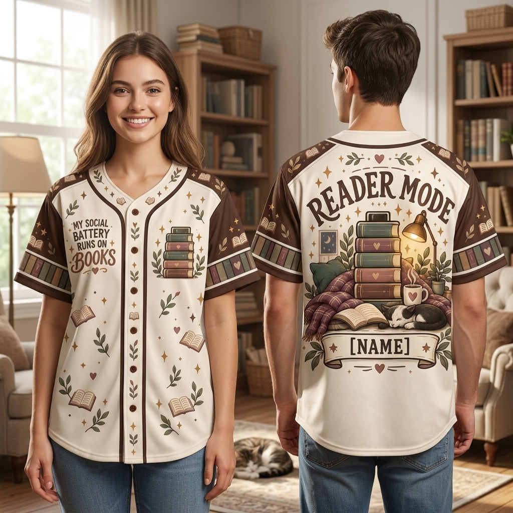 Personalized Introvert Reader Baseball Jersey - My Social Battery Runs On Books - mockup 2