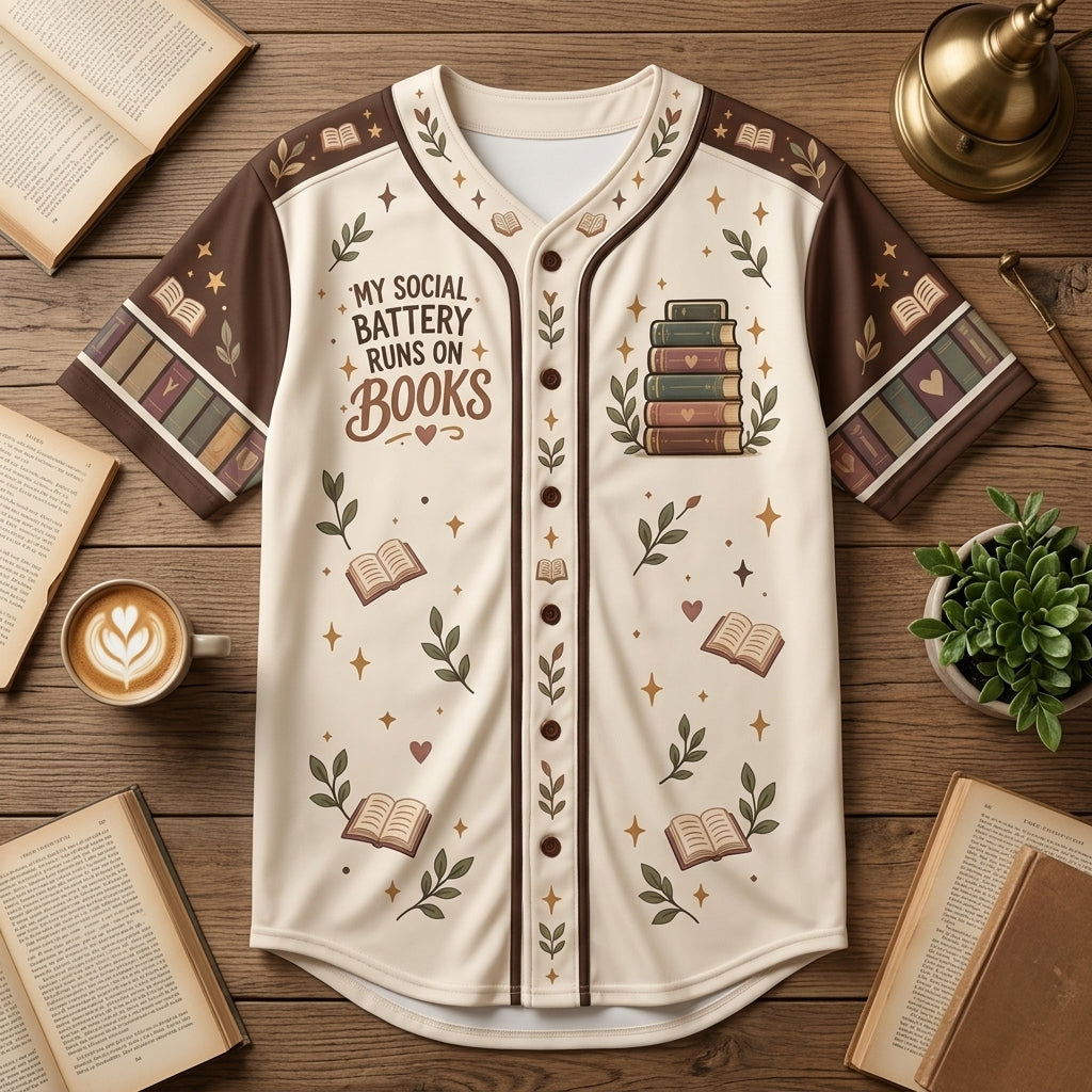 Personalized Introvert Reader Baseball Jersey - My Social Battery Runs On Books - mockup 4