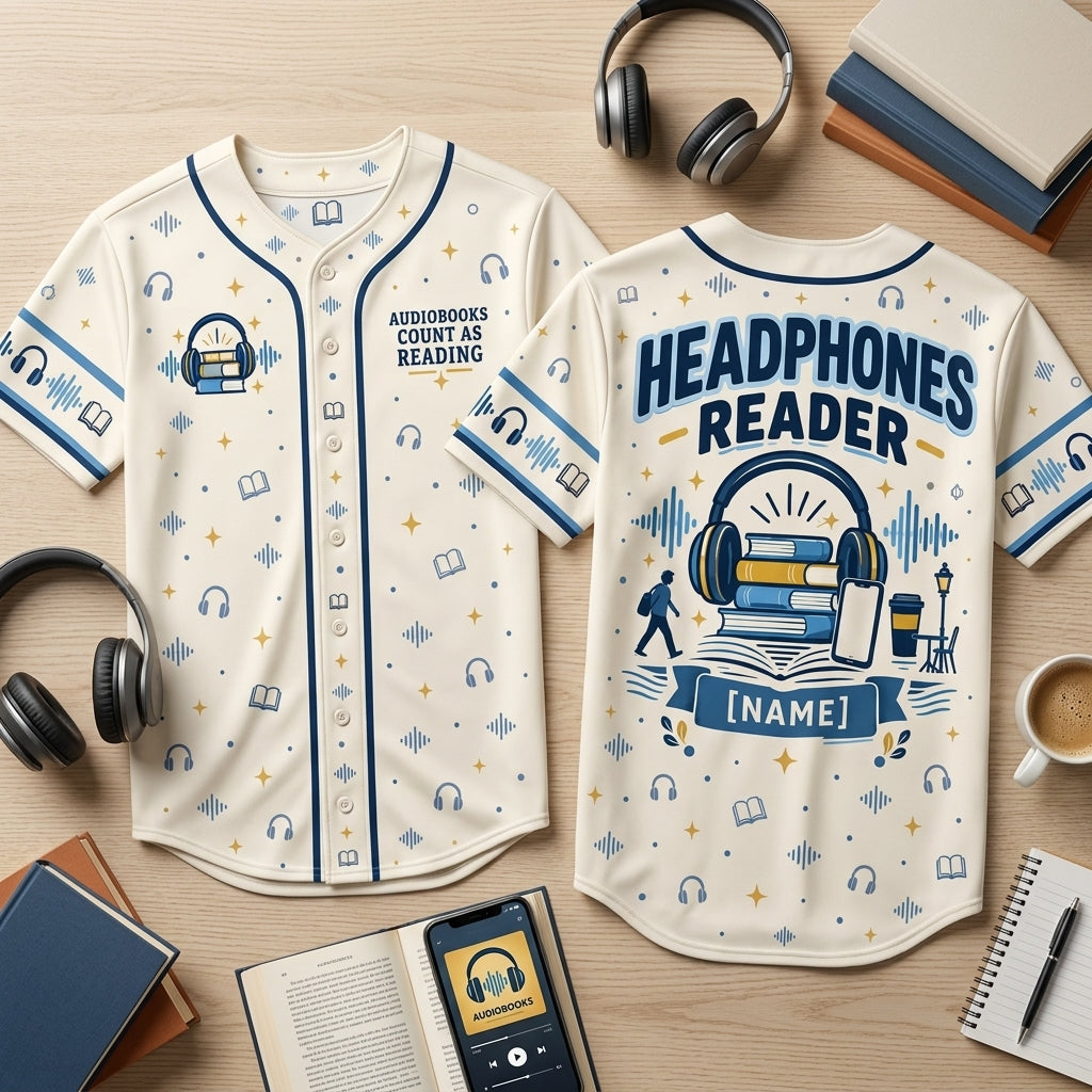 Personalized Audiobook Listener Baseball Jersey - Custom Headphones Reader Gift - mockup 1