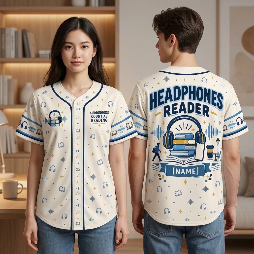 Personalized Audiobook Listener Baseball Jersey - Custom Headphones Reader Gift - mockup 2