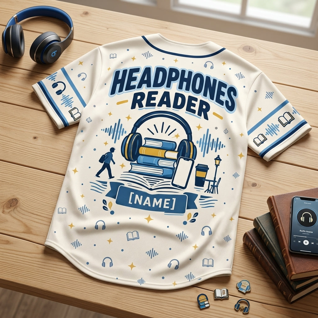 Personalized Audiobook Listener Baseball Jersey - Custom Headphones Reader Gift - mockup 5