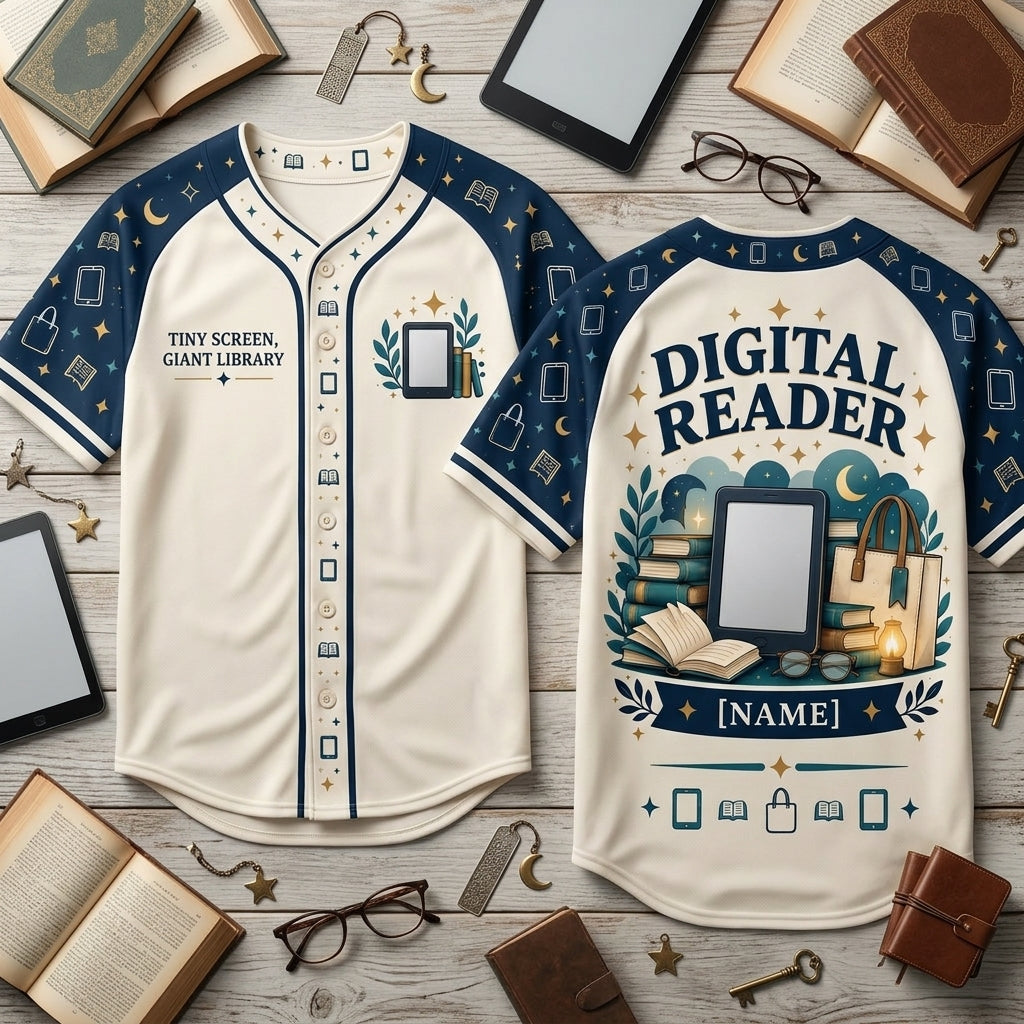 Personalized Digital Reader Book Lover Baseball Jersey - Custom Name E-Reader Apparel - mockup 1