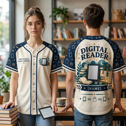 Personalized Digital Reader Book Lover Baseball Jersey - Custom Name E-Reader Apparel - mockup 2