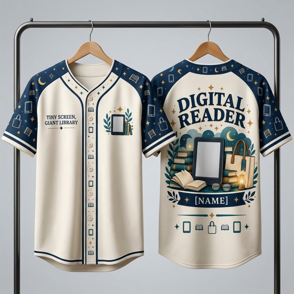 Personalized Digital Reader Book Lover Baseball Jersey - Custom Name E-Reader Apparel - mockup 3