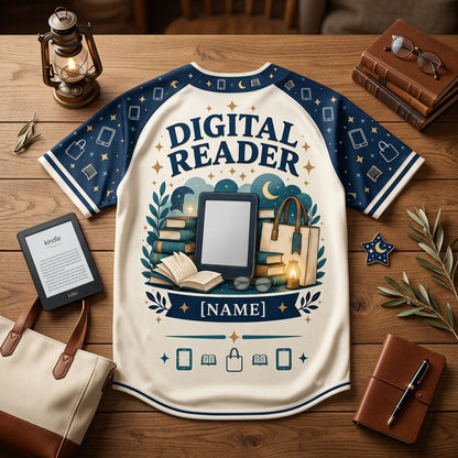 Personalized Digital Reader Book Lover Baseball Jersey - Custom Name E-Reader Apparel - mockup 5