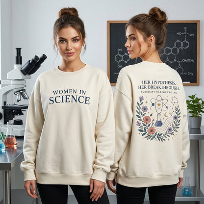 Women in Science Floral Atom T-shirt Sweatshirt Hoodie – STEM Empowerment Gift - mockup 3