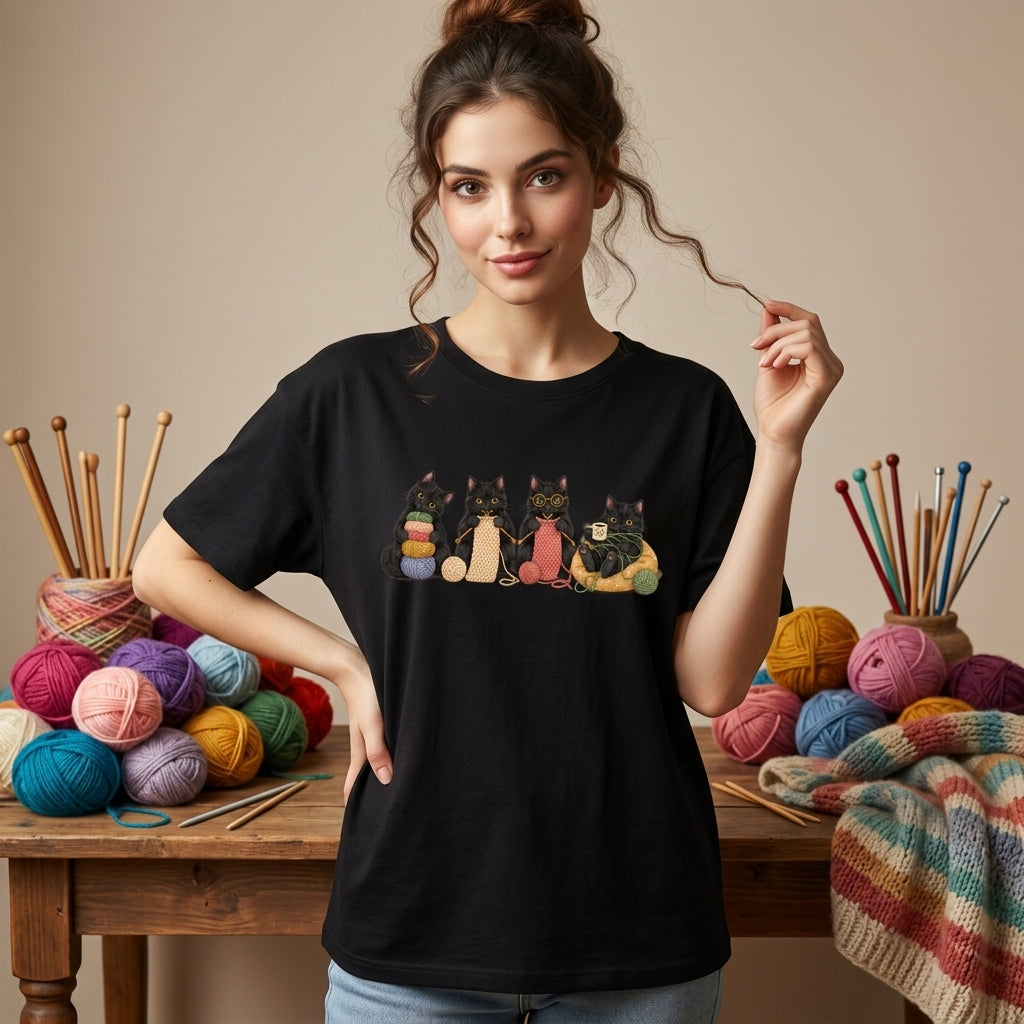 Black Cats Knitting Kittens T-shirt Sweatshirt Hoodie – Cute Gift for Knitters - mockup 1