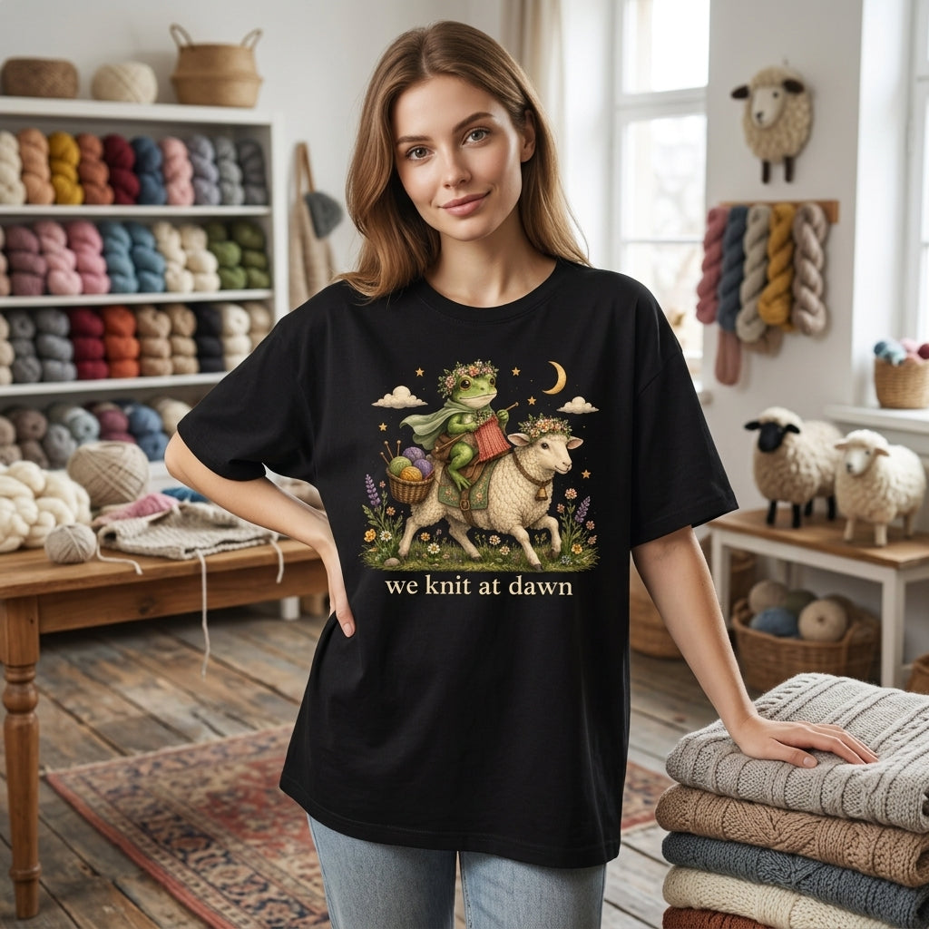 Funny We Knit At Dawn Frog Riding Sheep T-shirt Sweatshirt Hoodie – Whimsical Gift for Knitters - mockup 1