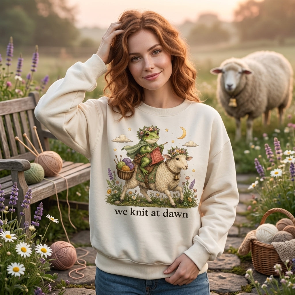 Funny We Knit At Dawn Frog Riding Sheep T-shirt Sweatshirt Hoodie – Whimsical Gift for Knitters - mockup 2