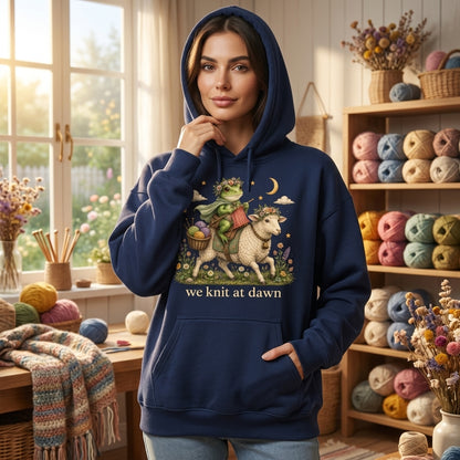 Funny We Knit At Dawn Frog Riding Sheep T-shirt Sweatshirt Hoodie – Whimsical Gift for Knitters - mockup 3