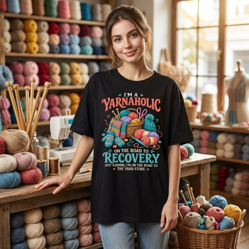 I'm A Yarn Aholic On The Road To Recovery T-shirt Sweatshirt Hoodie – Funny Knitting Gift - mockup 1