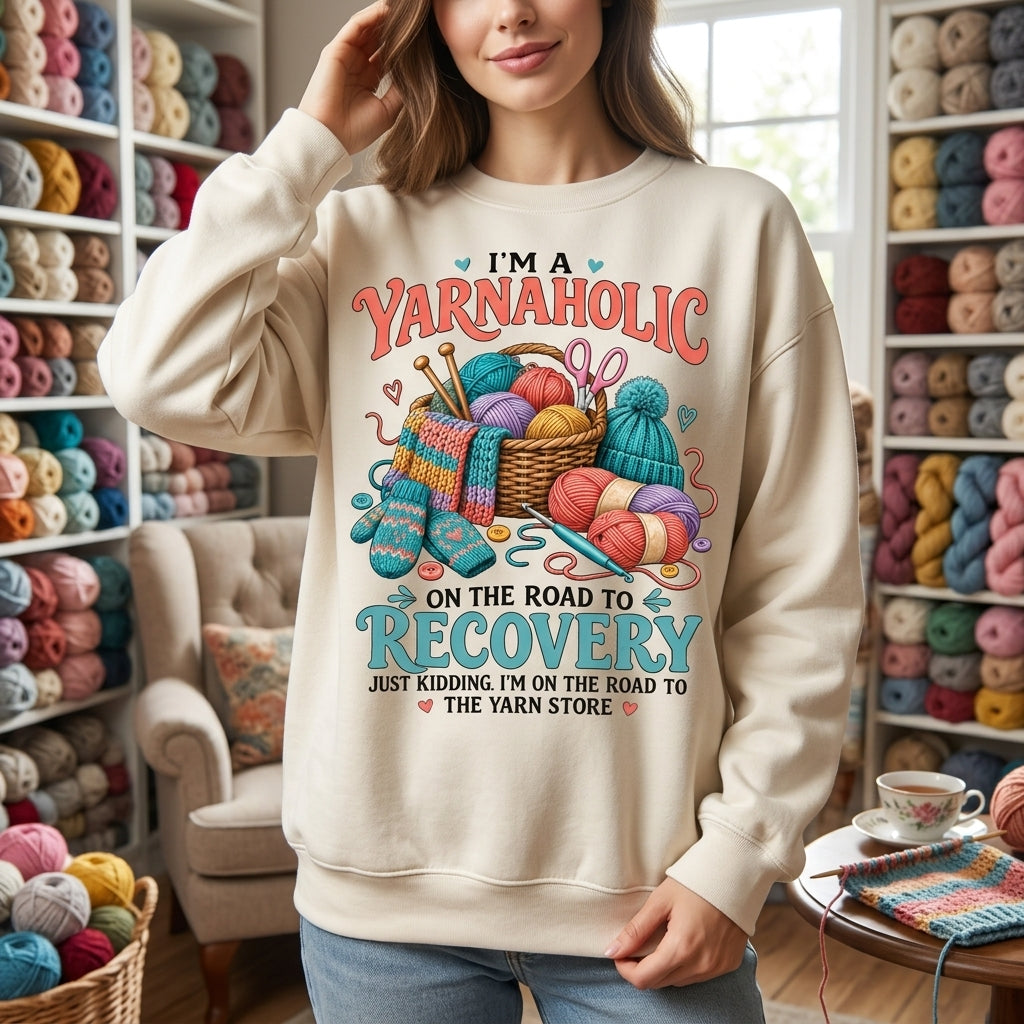 I'm A Yarn Aholic On The Road To Recovery T-shirt Sweatshirt Hoodie – Funny Knitting Gift - mockup 2