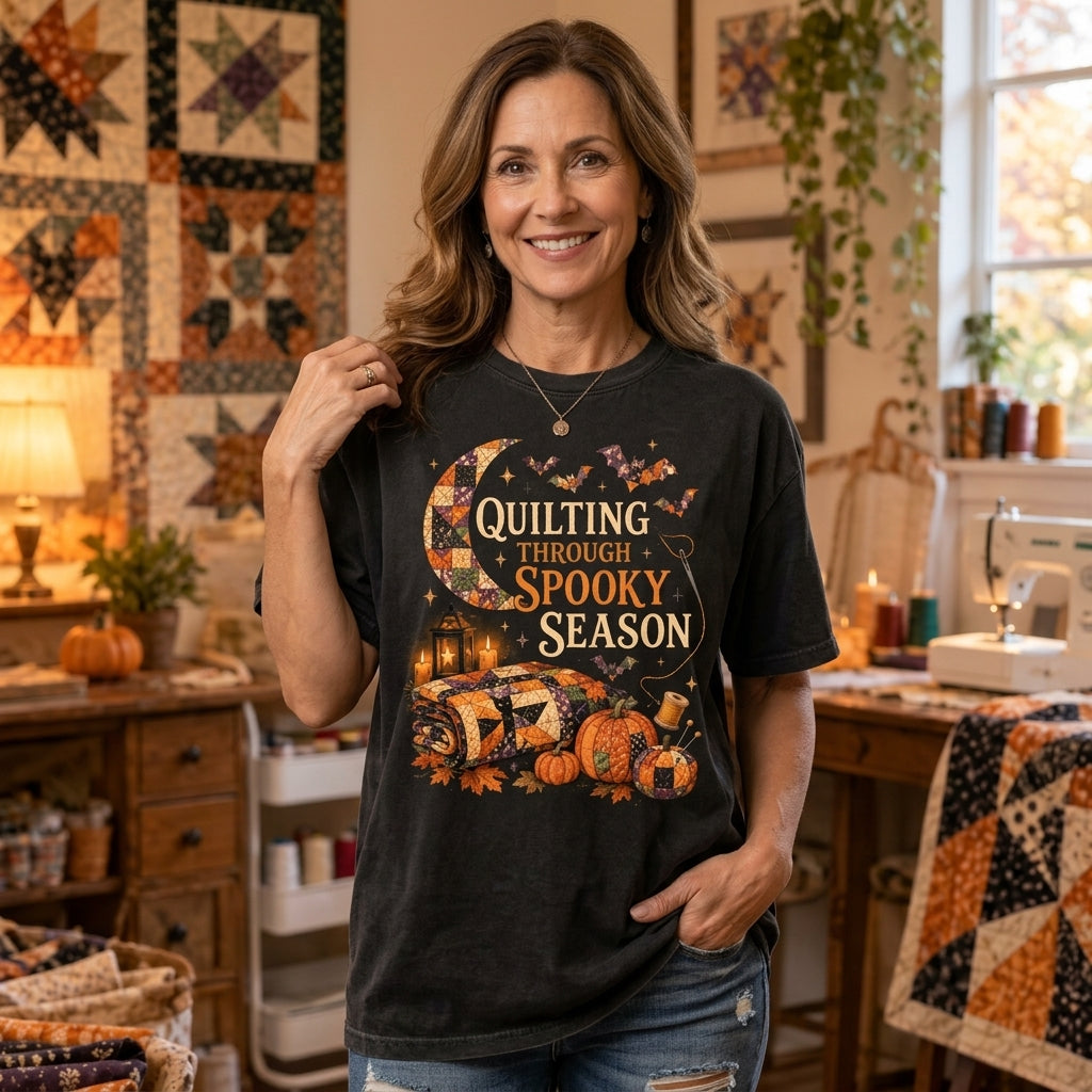 Quilting Through Spooky Season T-shirt Sweatshirt Hoodie – Halloween Quilter Gift - mockup 1