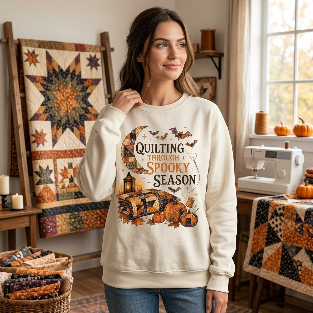Quilting Through Spooky Season T-shirt Sweatshirt Hoodie – Halloween Quilter Gift - mockup 2