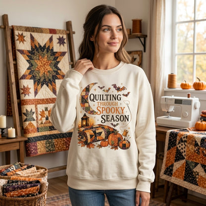 Quilting Through Spooky Season T-shirt Sweatshirt Hoodie – Halloween Quilter Gift - mockup 2